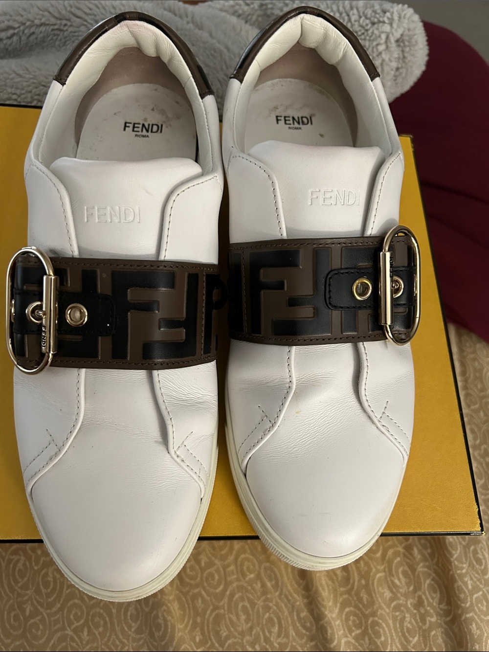Fendi White Leather Sneakers with Brown and Black Logo Strap